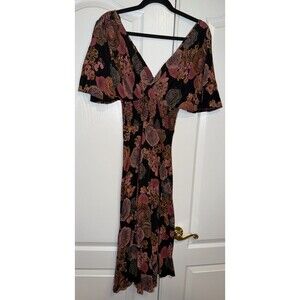 Vintage Womens Dress Floral Faux Wrap Fit Flare Casual Sz 10 Tie Ruche Short Slv